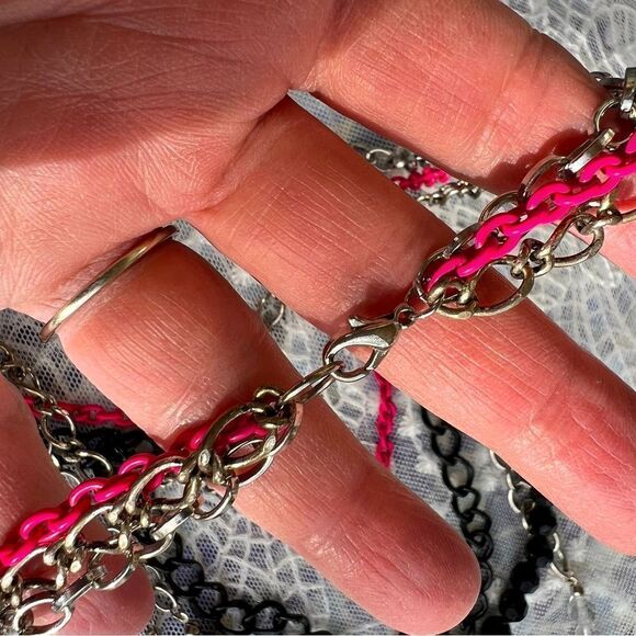 Long Multichain & Bead Necklace Black White Pink - Picture 8 of 9